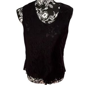 Cacique size XL black sleeveless lace scoop neck top lined front sheer back